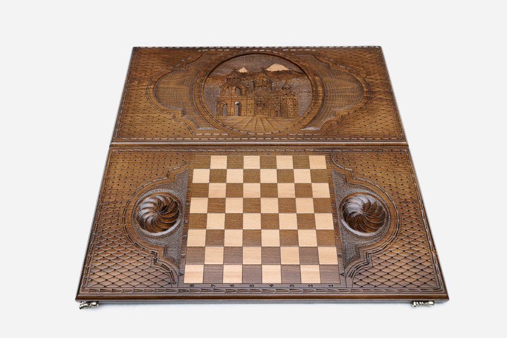 Ararat and Etchmiadzin backgammon set folded, carved scene showing