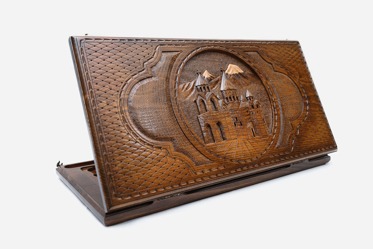 Armenian backgammon set carved with Mount Ararat and Etchmiadzin Cathedral