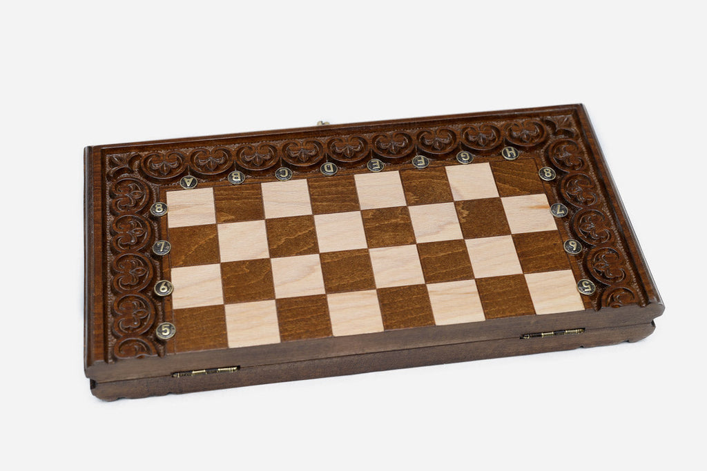 Handmade wooden chess backgammon set with bronze clasps