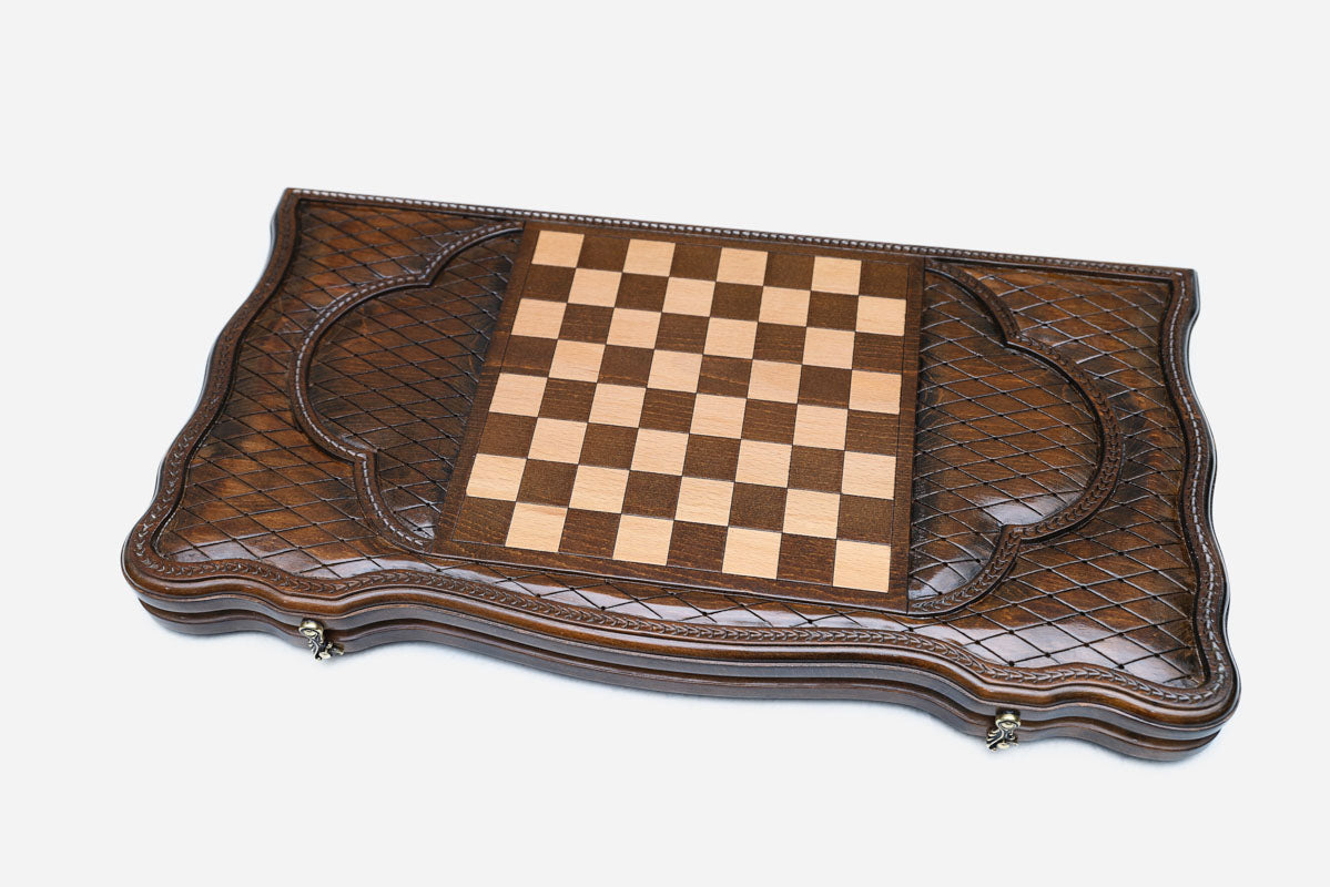 Wooden backgammon set interior with carved points