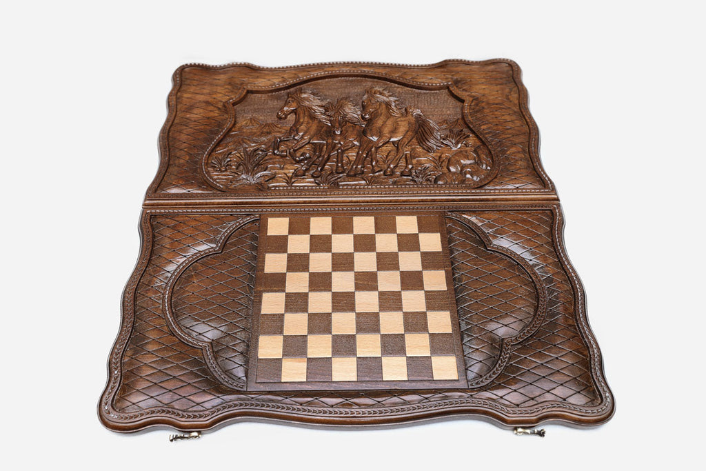Galloping herd backgammon set folded, carved horses in motion