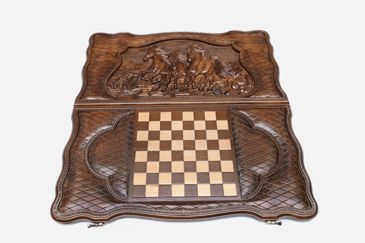 Galloping herd backgammon set folded, carved horses in motion
