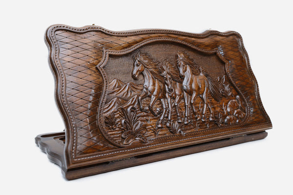 Wooden backgammon set hand carved with a galloping herd of horses