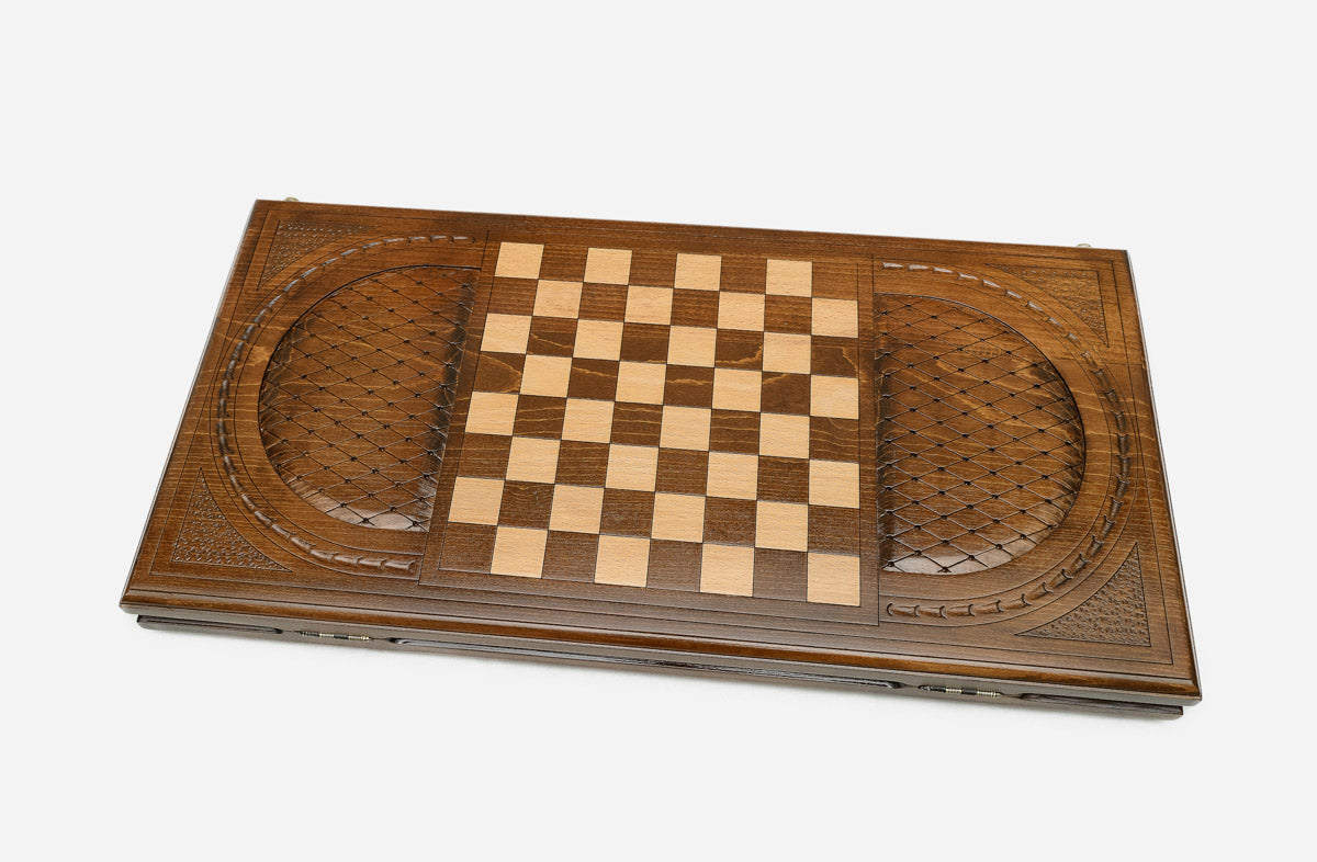 Wooden backgammon set interior with carved points