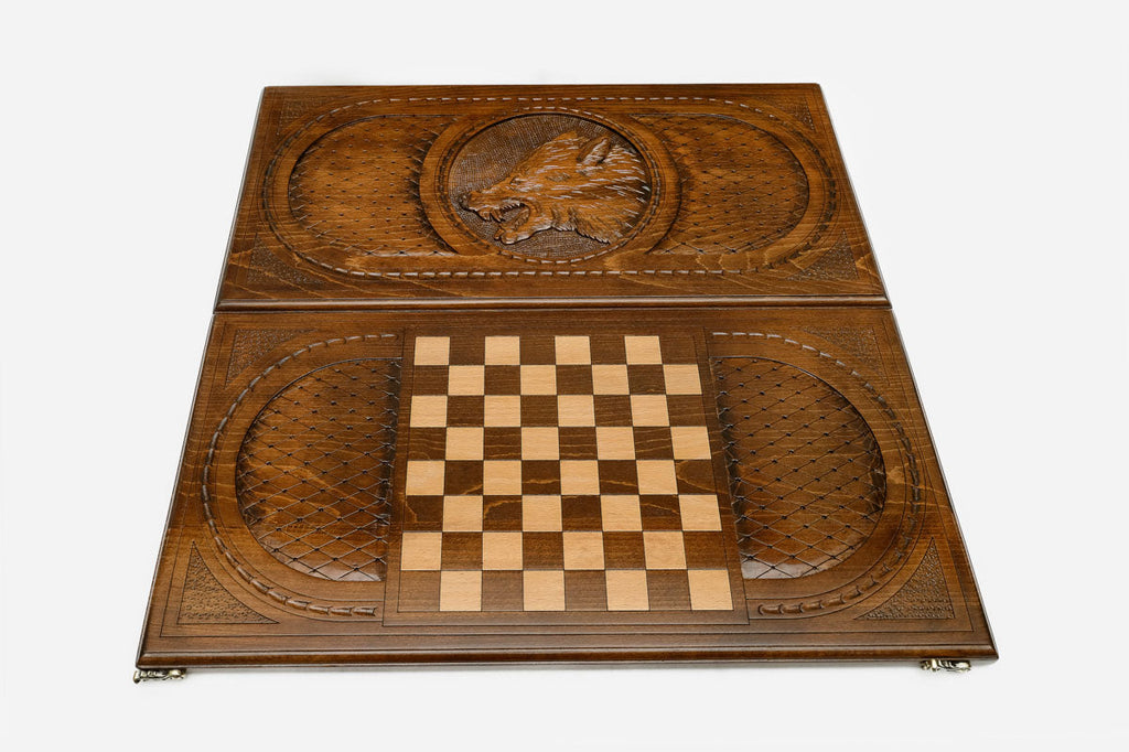 Moonlit wolf backgammon set folded, carved night scene showing