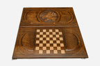 Moonlit wolf backgammon set folded, carved night scene showing