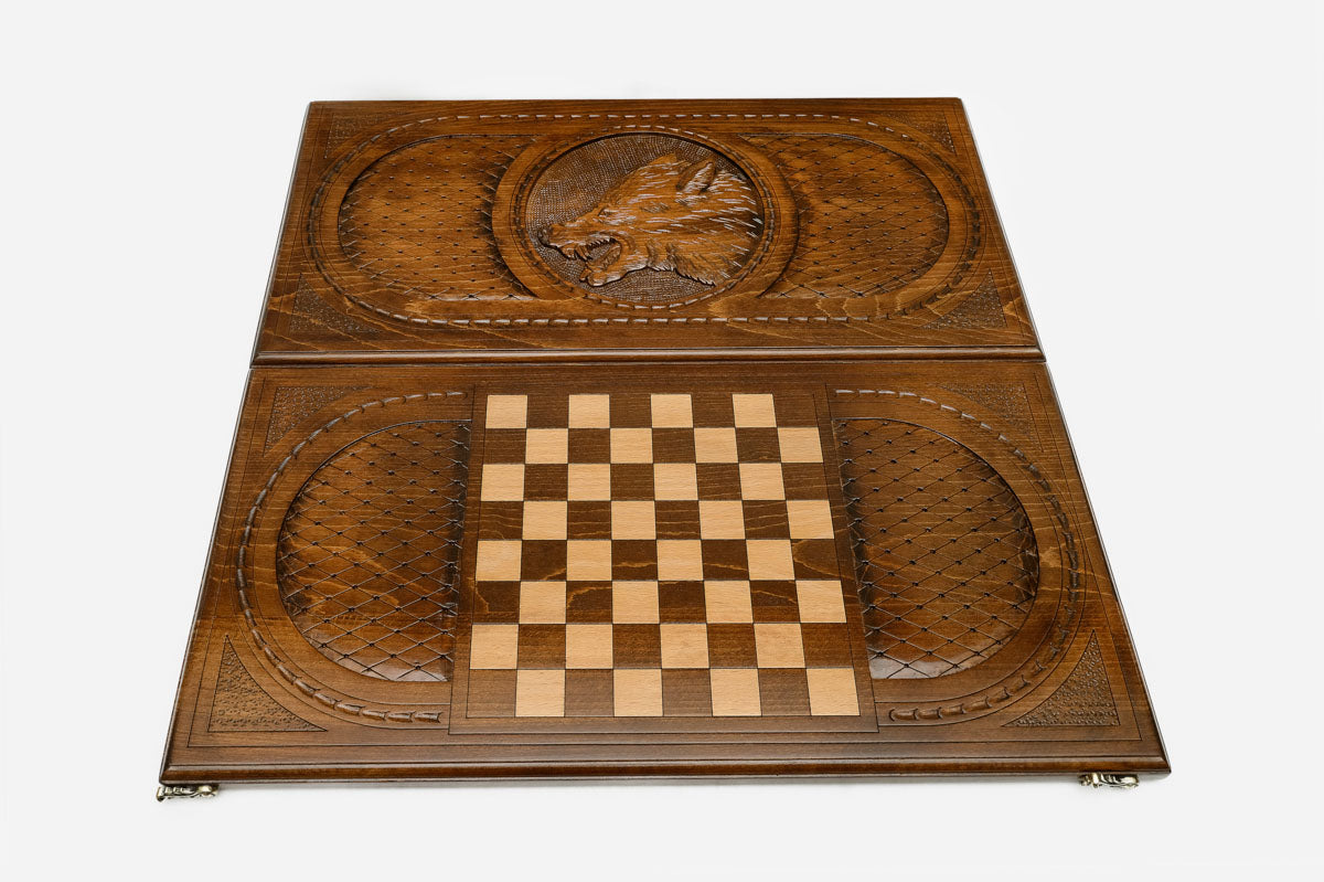 Moonlit wolf backgammon set folded, carved night scene showing