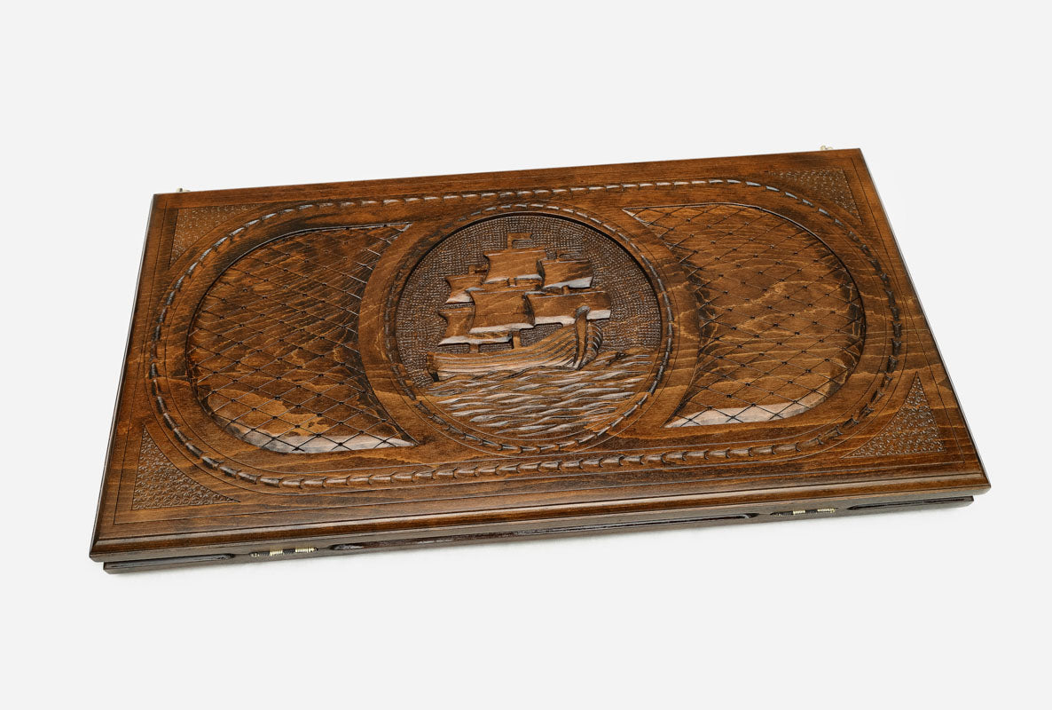 Sailing ship backgammon set with checkers and dice