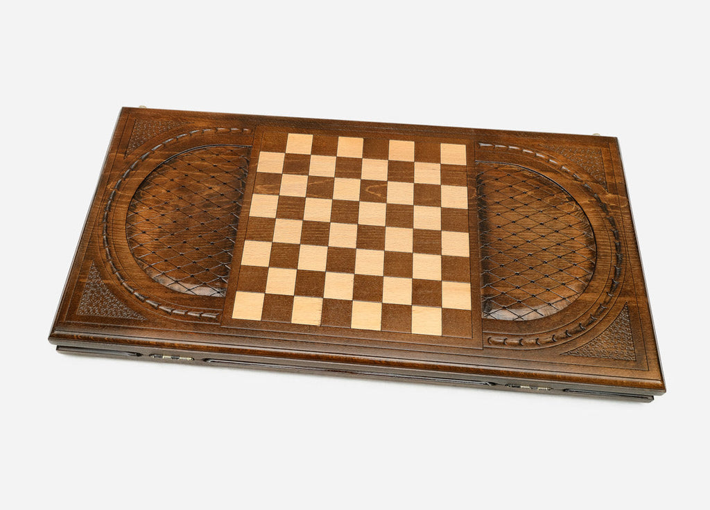 Wooden backgammon set interior with carved points