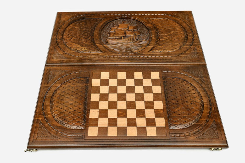 Sailing ship backgammon set folded, carved sails and pennants showing