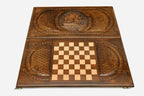 Sailing ship backgammon set folded, carved sails and pennants showing