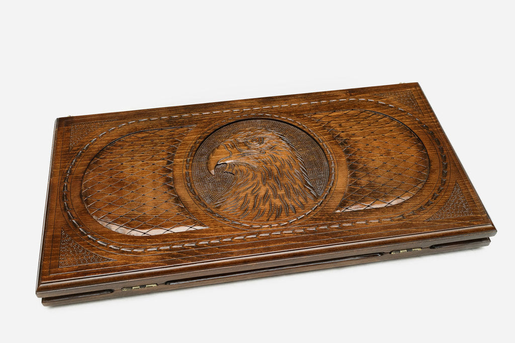 Eagle portrait backgammon set with checkers and dice