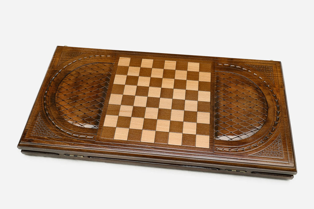 Wooden backgammon set interior with carved points