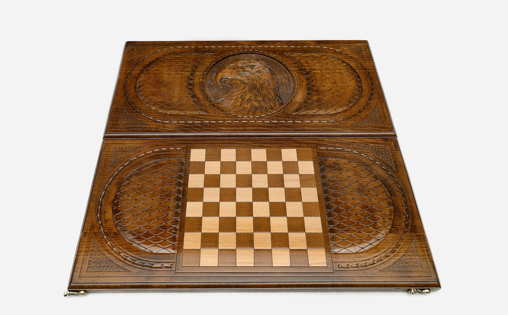 Eagle portrait backgammon set folded, carved stare showing