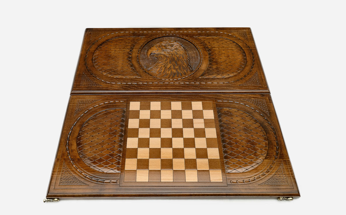 Eagle portrait backgammon set folded, carved stare showing