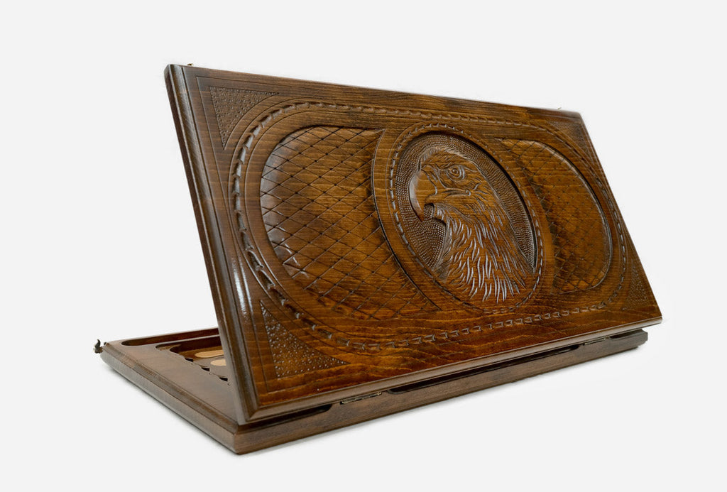 Wooden backgammon set hand carved with an eagle head portrait