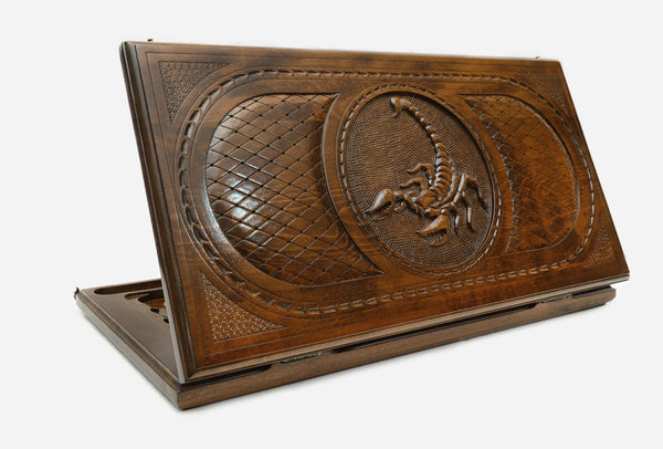 Wooden backgammon set hand carved with a scorpion