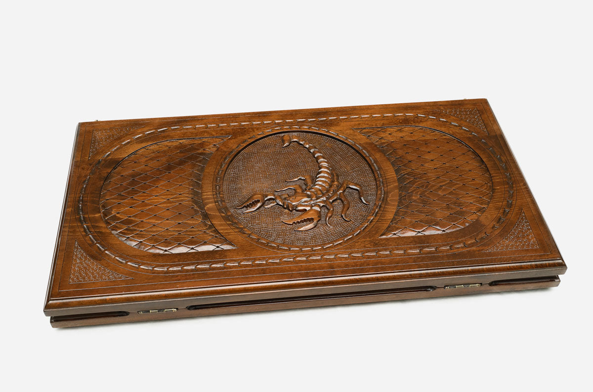 Wooden backgammon set interior with carved points