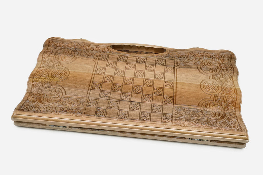 Walnut backgammon set interior with carved points