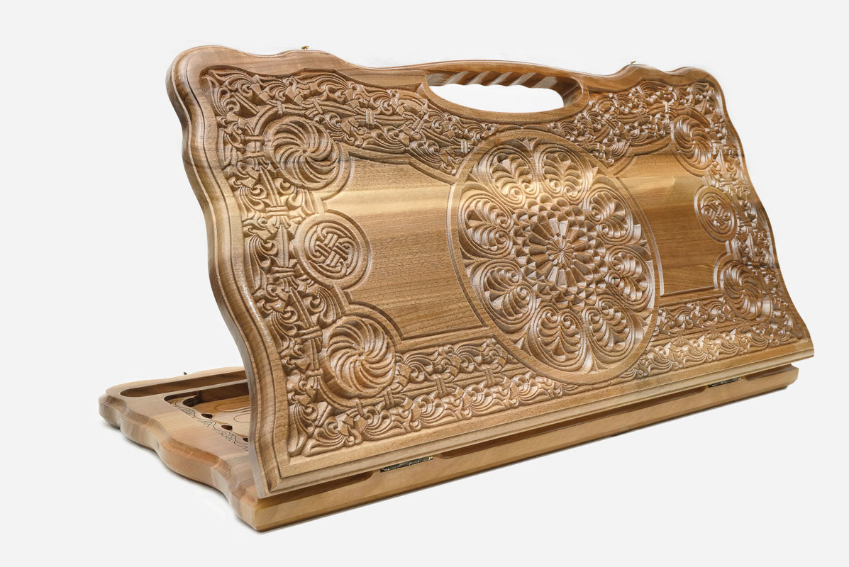 Luxury walnut backgammon set carved with birds and vine ornament