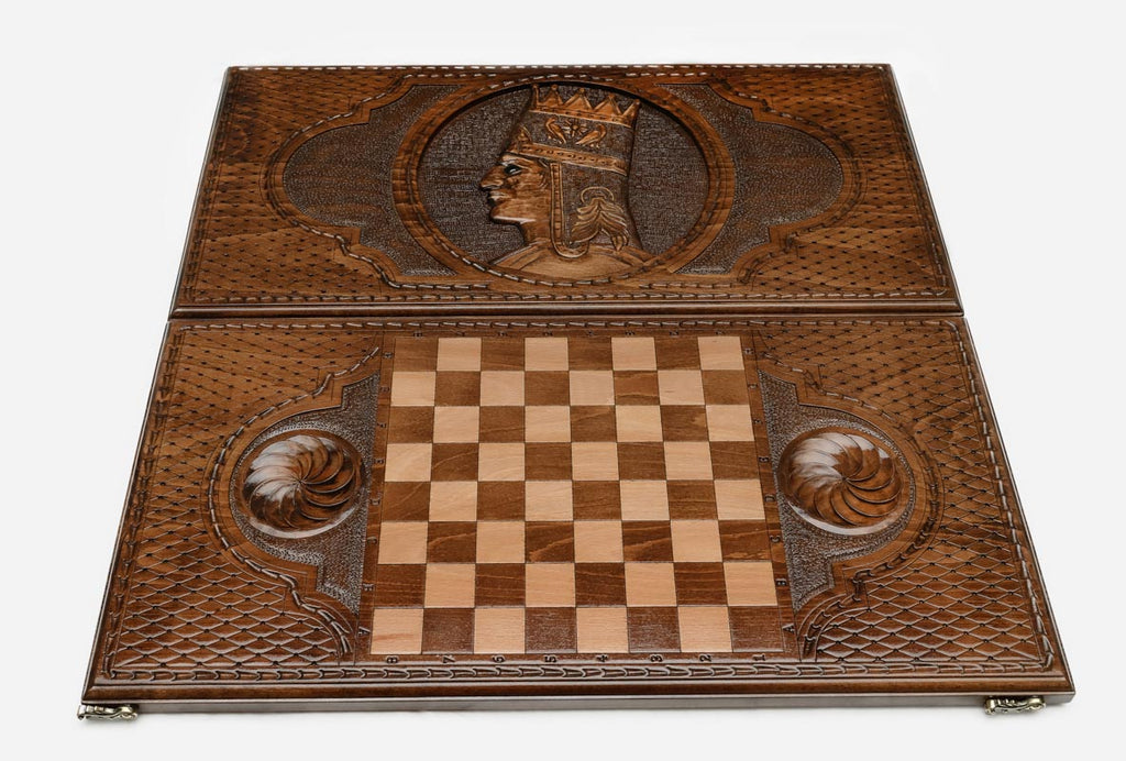 King Tigran backgammon set folded, carved royal profile showing