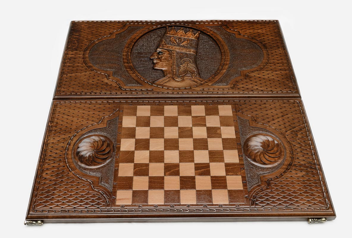 King Tigran backgammon set folded, carved royal profile showing