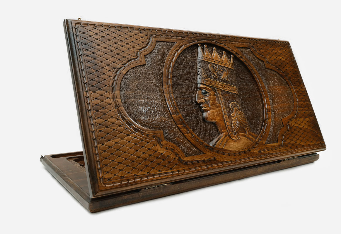 Armenian backgammon set carved with King Tigran the Great in his tiara