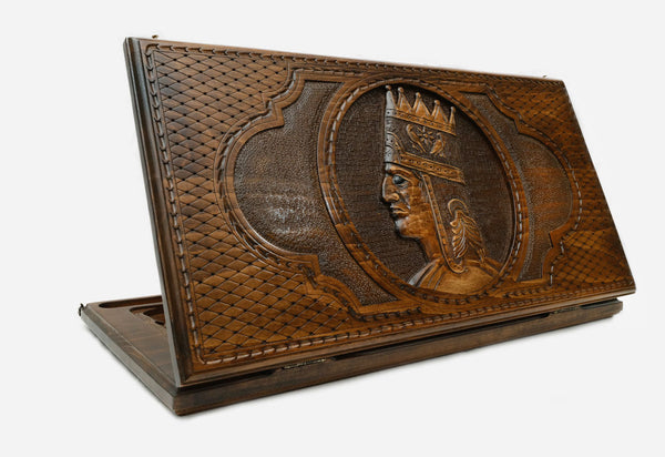 Armenian backgammon set carved with King Tigran the Great in his tiara