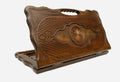 Carved beechwood backgammon board with the Armenian eternity sign among ornaments, propped open