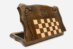 Close-up of the Georgian coat of arms carving on the beech board