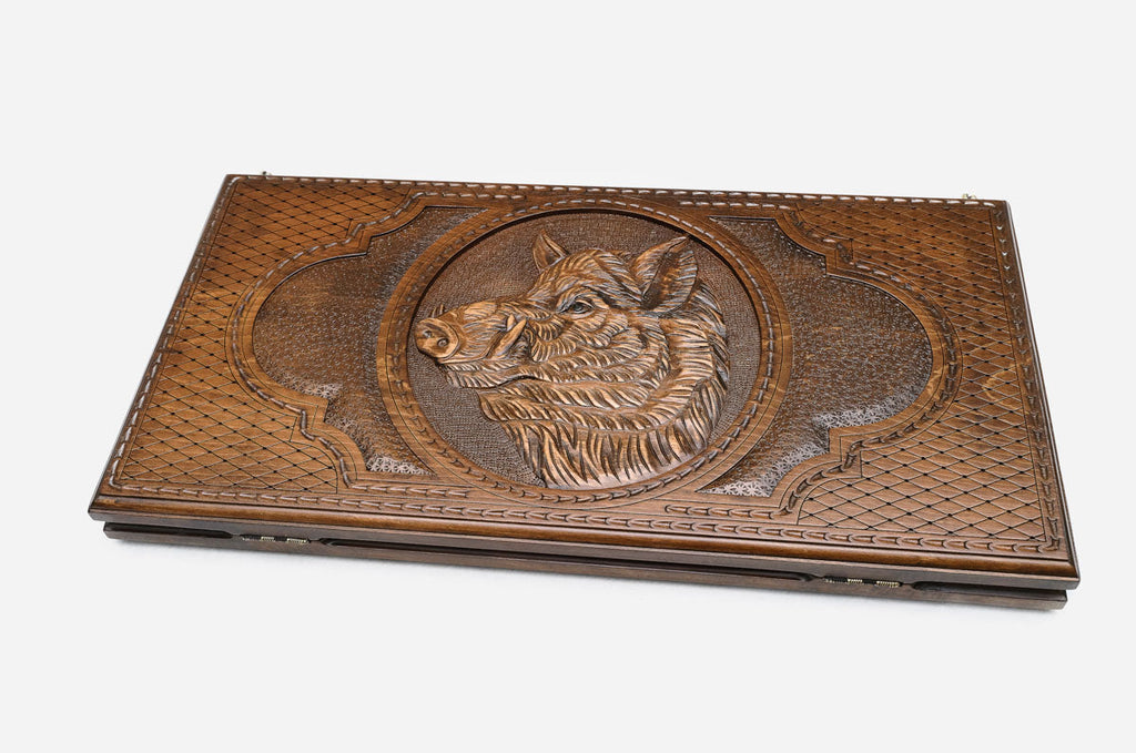 Wild boar backgammon set with checkers and dice