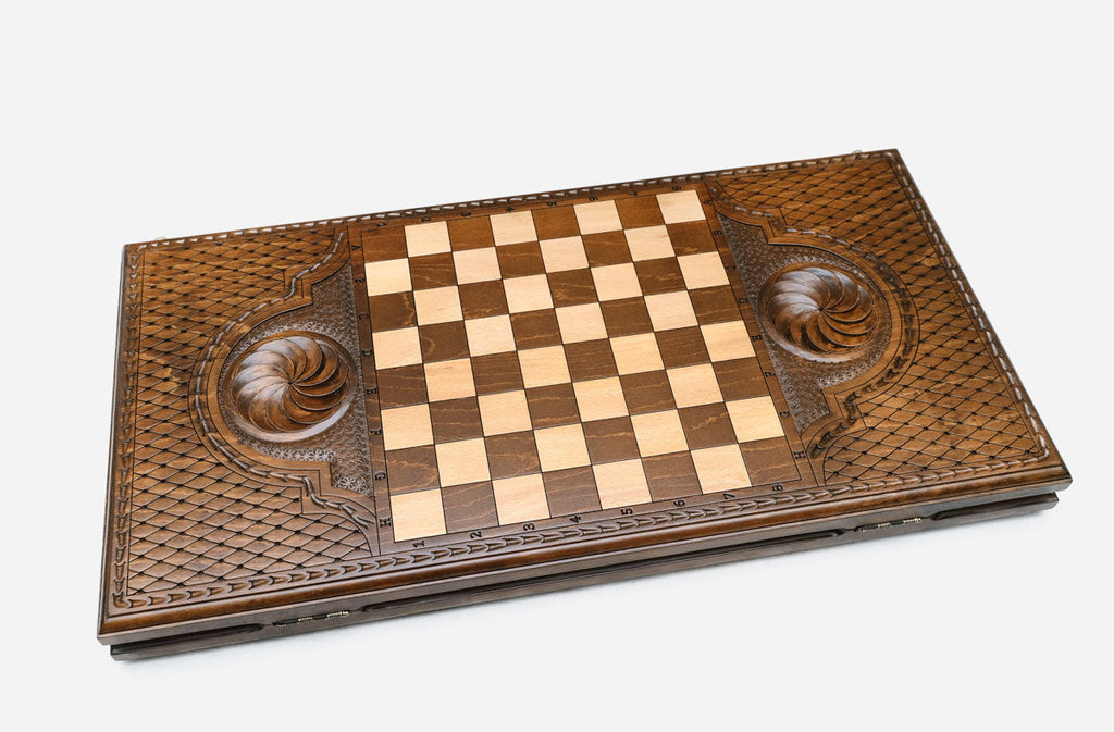 Wooden backgammon set interior with carved points