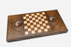 Wooden backgammon set interior with carved points