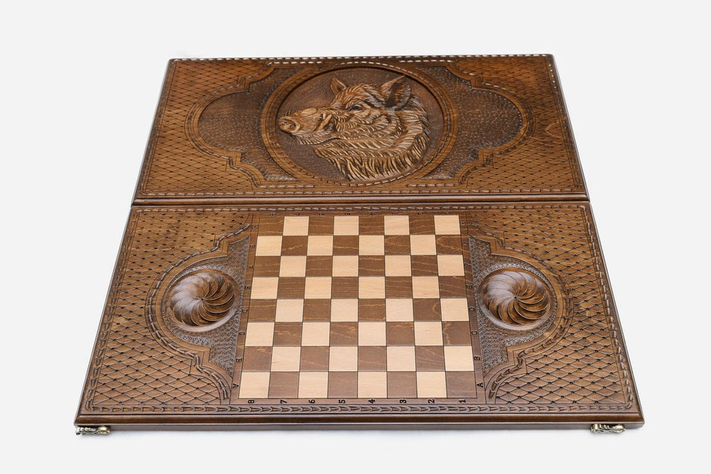 Wild boar backgammon set folded, tusks and bristles showing