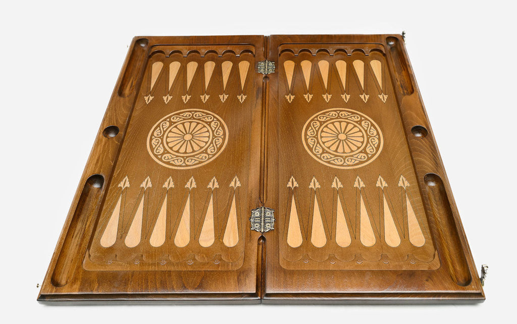 Wooden backgammon set interior with carved points