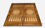 Wooden backgammon set interior with carved points