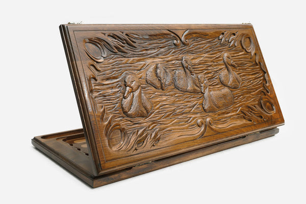 Wooden backgammon set hand carved with a pair of swans