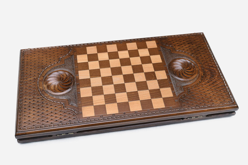 Wooden backgammon set interior with carved points