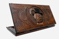 Wooden backgammon set hand carved with a poised cat