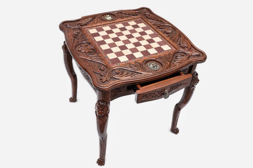Lion chess table, angled view