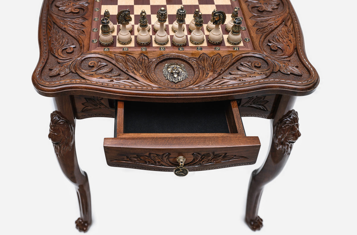 Lion chess table, carving detail