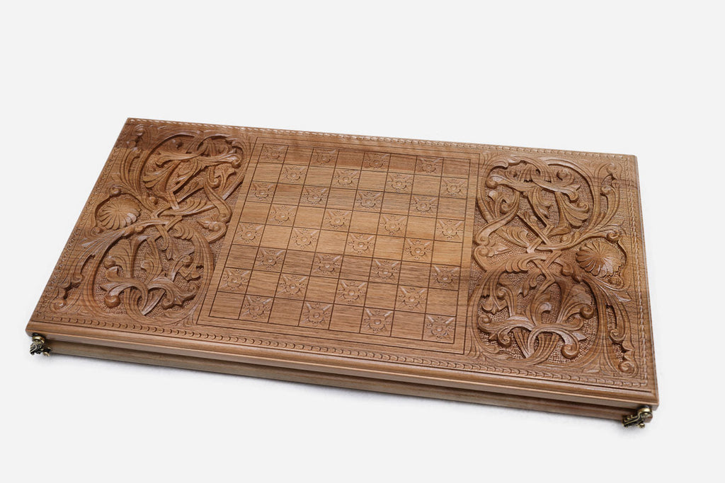 Walnut backgammon board open, nardi field with beech and walnut checkers