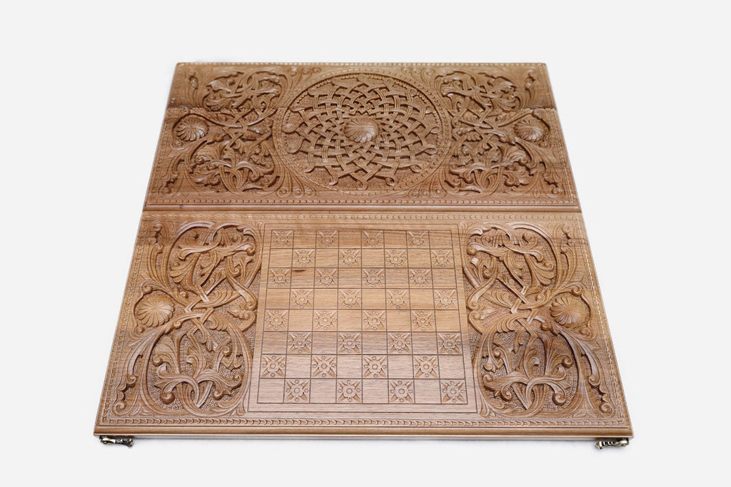Folded walnut backgammon board with carved Armenian ornament