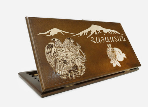 Armenian backgammon set Hayastan with Mount Ararat carved on the lid