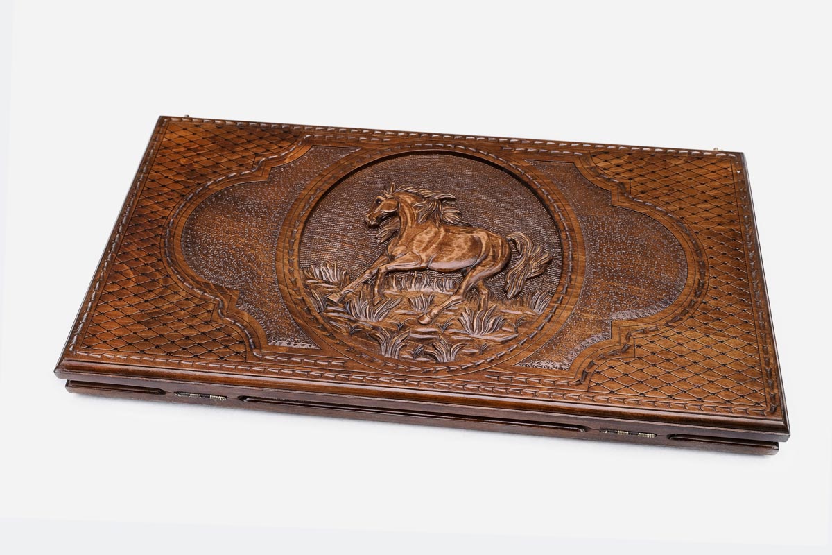 Rearing horse backgammon set with checkers and dice