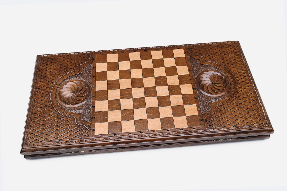 Wooden backgammon set interior with carved points