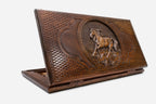Wooden backgammon set hand carved with a rearing horse