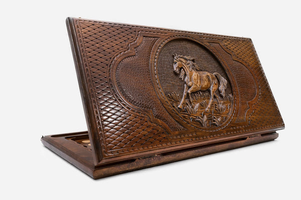 Wooden backgammon set hand carved with a rearing horse
