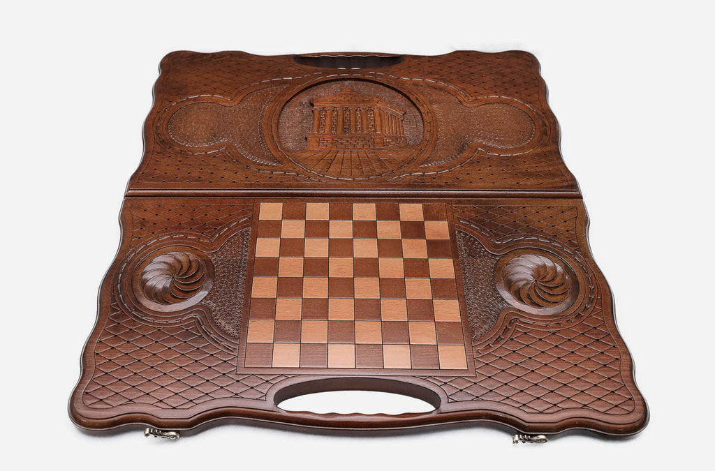 Angled view of the Garni Temple carved backgammon board