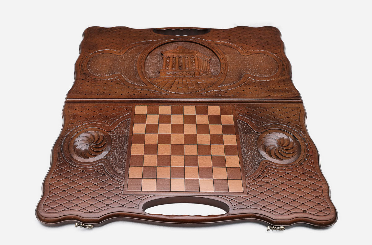 Angled view of the Garni Temple carved backgammon board